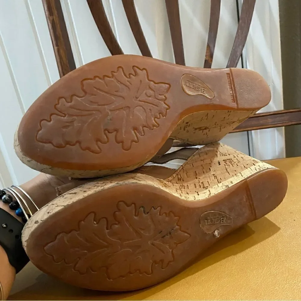 Born Shoes Brown Tan Strappy Cork Wedge Sandals
